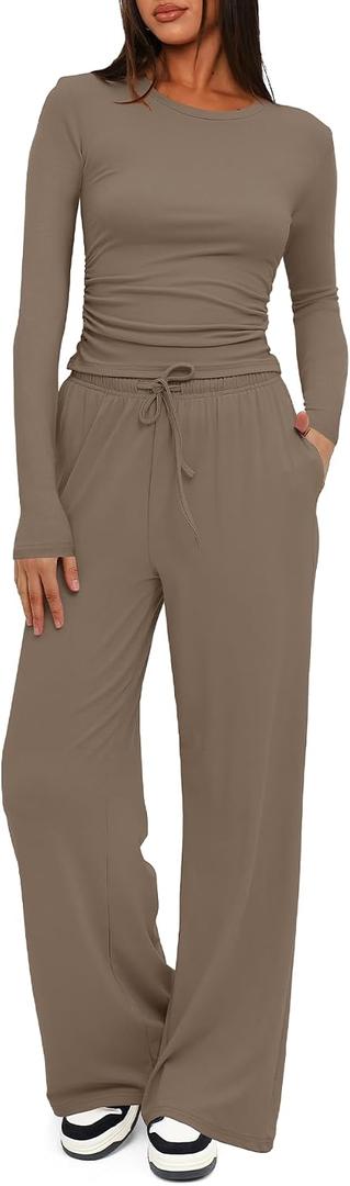 Darong Womens 2 Piece Outfit Long Sleeve Pullover Tops Wide Leg Pants Set Tracksuits 9065A Light Khaki M