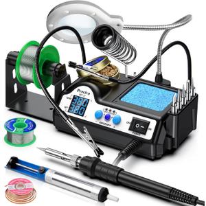 Preciva 927 IV Soldering Station Kit, 130W MAX Soldering Iron with 2 Helping Hands,Magnifying Glass,5 Extra Iron Tips,3 Preset Channels, Adjustable Temperature 194F to 896F