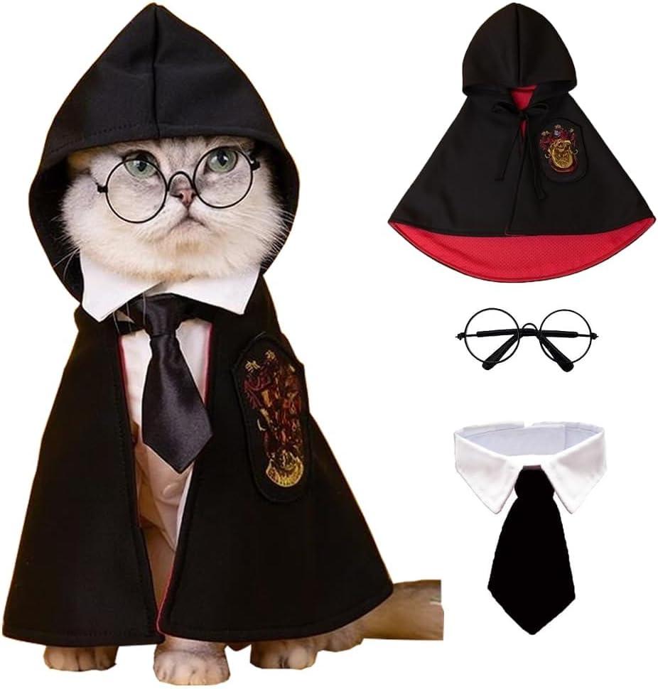 ANIAC 3PCS Halloween Dog Costume Cat Wizard Cape Glasses and Necktie Set Halloween Puppy Outfit Pet Academy Magician Cosplay Apparel for Kitten Cat Small Dogs (Black+Red, Large)