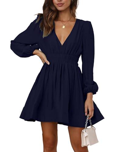 FAIABLE Mini Deep V Sexy Long Sleeve Dress for Women A-line High Waisted Casual Flowy Dress for Cocktail Wedding Guest Navy Blue, Size XL
