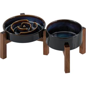 Ceramic 1.2 Cup Raised Slow Feeder Dog Bowl Set, Elevated 6.1inch Bowl and 7.3inch Dish with Acacia Wood Stand for Small and Medium Dog(2 x Starry Sky+ Stand)