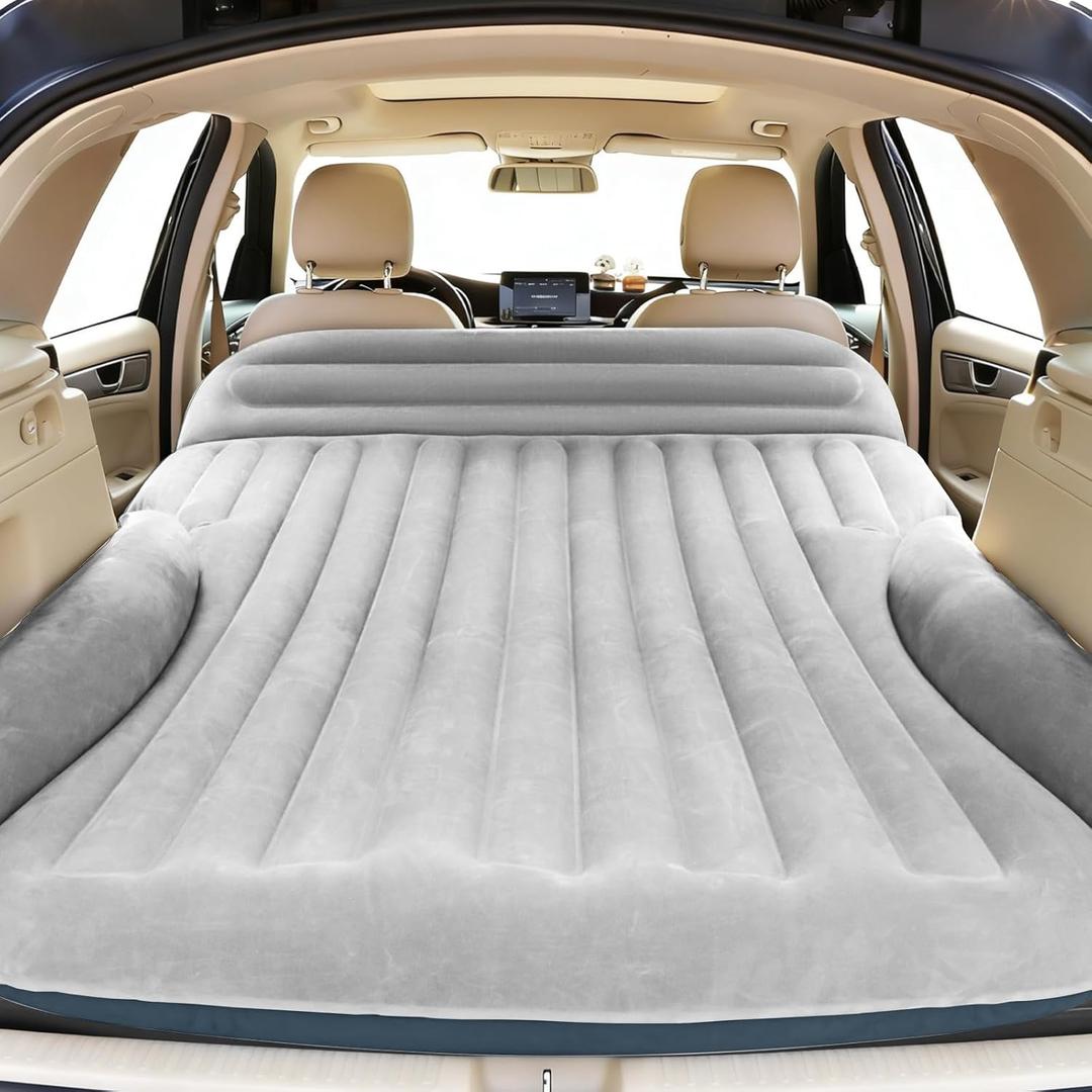 Ciremiv SUV Air Mattress, Double-Sided Thick Flocked Car Air Mattress with Built-in Pump & Pillow, Complete Sleeping Accessories for Auto Camping & Road Trips 76"L x 50"W x 6"Th（Light Grey）