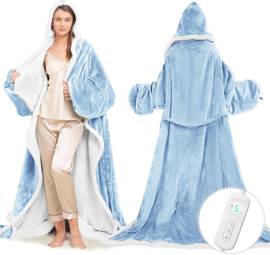 Wearable Heated Blanket with Foot Pocket, Electric Wearable Throw Blanket with Sleeves, Hood, Portable Heated Blanket with 8 Heat Settings, 1-10 Hours Auto Shut-off, Gift for Family, Friends, 50*70" (Light Blue)