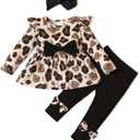 Toddler Baby Girl Clothes Infant Girl Outfits Fall Ruffle Floral T-Shirt Top Pants Set Winter Spring Clothes (12-18 Months, Leopard+black)