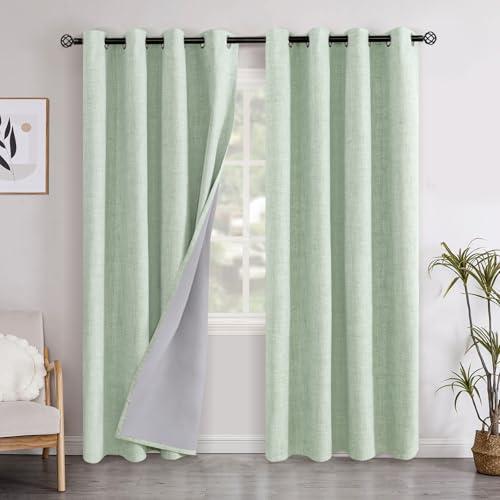 YoungsTex Sage Green Blackout Linen Curtains 84 Inch Length for Living Room Spring Decor, Rustic Thermal Insulated Drapes Room Darkening Treatments with Grommet for Bedroom, 2 Panels, 52 X 84 Inch
