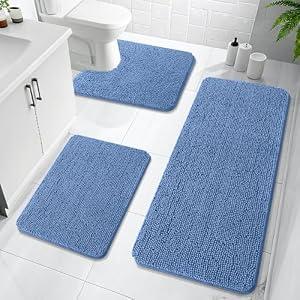 OLANLY Bathroom Rugs Sets 3 Piece, Soft Absorbent Chenille Bath Mats and U-Shaped Contour Toilet Rug, Home Decor Accessories, Bath Mat Set for Bathroom (47"x20"+24"x16"+24"x20", Cornflower Blue)