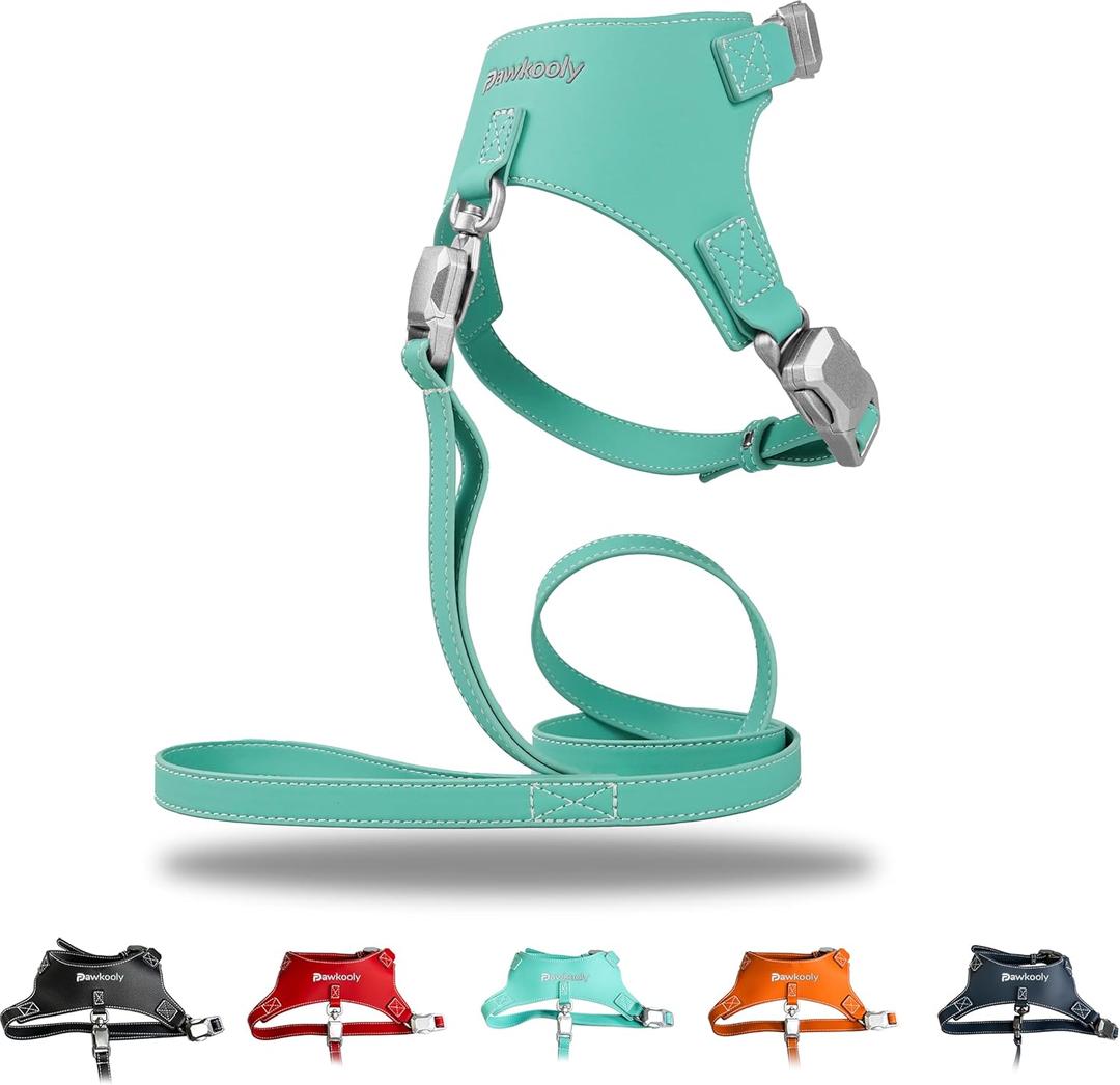 Magnetic Buckle Dog Leather Harness with 4 FT Leash | Anti-Wrinkle & Anti-Bite Leather | Ultra-Soft & Skin-Friendly | 450LB Escape-Proof Magease Buckle - Easy On/Off (Light Blue, Large)