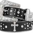 JASGOOD Rhinestone Studded Belt for Men Women, Western Leather Belt for Cowgirl Cowboy Vintage Bling Belt for Pants Dress (Suit for Waist Size 27"-33")