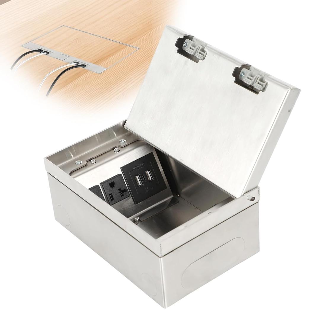 Recessed Flat Hidden Socket Kit Floor Electrical Outlet Floor Socket Panel with 20A 4AC + 2 USB-A + 1 Type C +2 CET6 Floor Outlet Box Recessed Hidden Outlet Connectivity Box(Silver-4 AC+USB+2 CAT6)