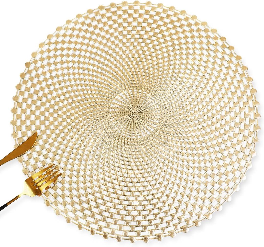 FAVE Set of 6 Gold Vinyl Round Placemats, Washable Spiral Hollow Out for Dining, Events, Home Decor & Daily Use (15 Inch)
