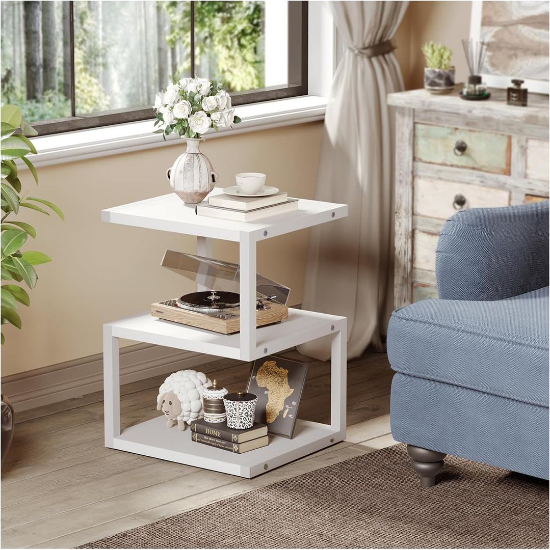 Small Side Table with 3-Tier Storage, S-Shape Bedside End Table for Small Spaces, 21.6'' Nightstand for Living Room, Bedroom, Accent Table, White (15.7"Lx11.8"Wx21.6"H)