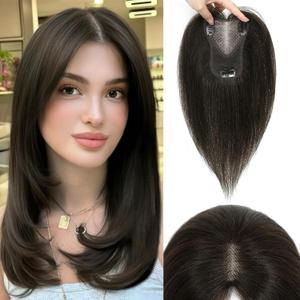 Hair Toppers for Women Real Human Hair, 12 Inch Toppers Hairpieces for Women with Side Bangs Upgraded Lace Base for Thinning hair to Add Volume(Dark Brown,12 Inch)