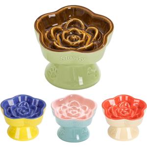 S&Q's CERAMICS Raised Slow Feeder Cat Bowl, Ceramic Elevated Cute Pet Food Bowl Small Dogs Slow Feeder, Flower Shaped Cute Cat Dish for Dry and Wet Food (Brown, 5.8")