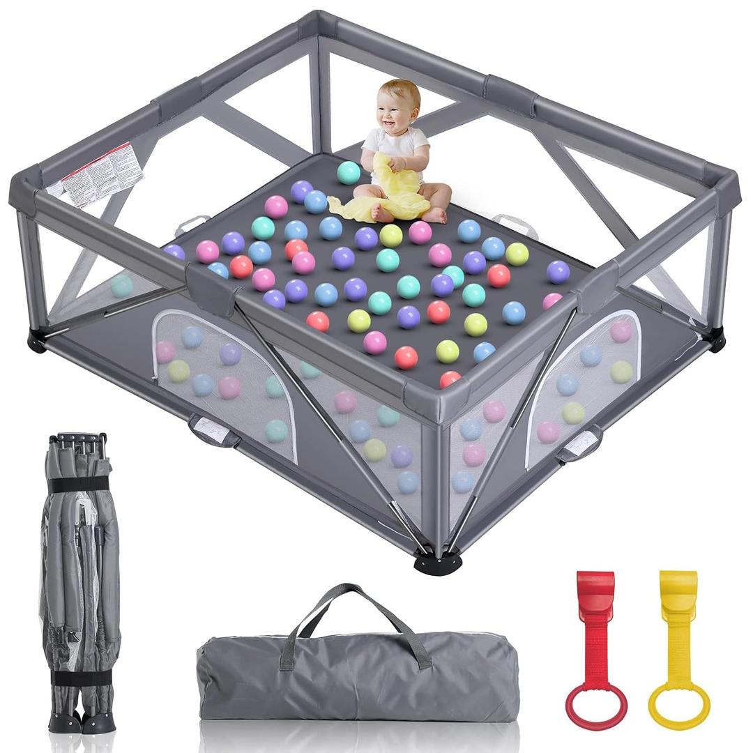 GENTEACO Foldable Baby Playpen, Extra Large Play Pen for Babies and Toddlers, Baby Fence Play Yard, Safety Kids Portable Playpin Indoor&Outdoor (59"X71",Dark Grey)