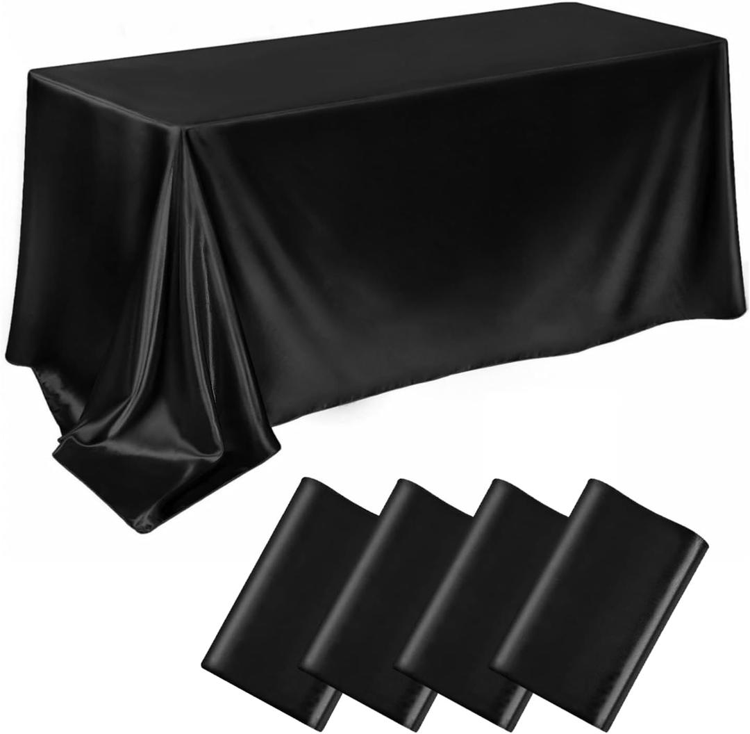 4 Packs Satin Rectangle Tablecloth 58 x 102 Inch, Stain and Wrinkle Resistant Washable Table Cover Smooth Fabric Bright Silk Tablecloth for Dining Table, Wedding Banquet Party Events (Black)