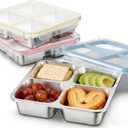 3 Pack Stainless Steel 4 Compartment Snack Containers with Lids, Reusable Divided Lunch & Food Storage Containers for Work, Travel (Pink, Yellow, Blue)