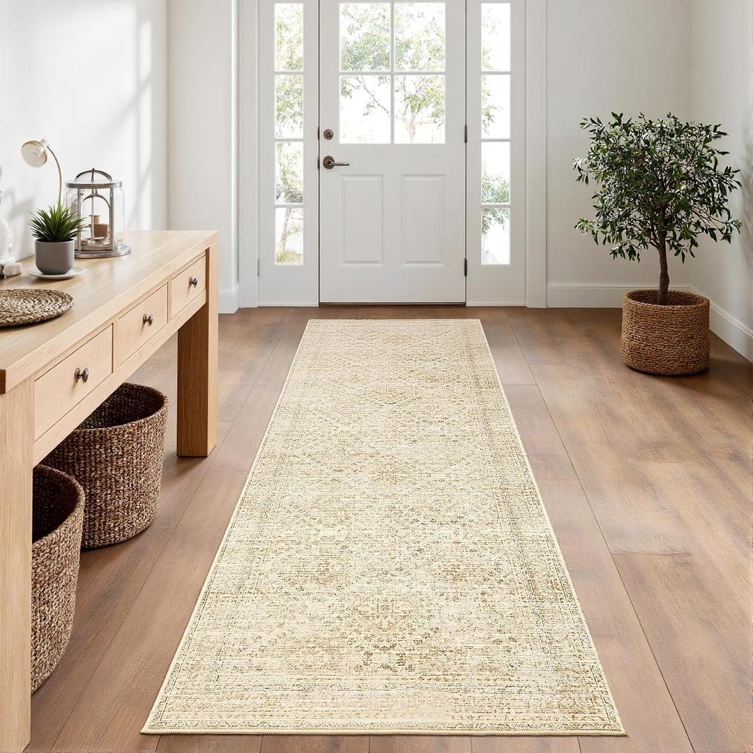 MIULEE 2x6 Washable Hallway Runner Rug, Vintage Long Rug for Hallway Kitchen Bedroom Laundry Room Bathroom, Non-Slip Stain Resistant Soft Throw Carpet Floor Mat, Neutral Beige