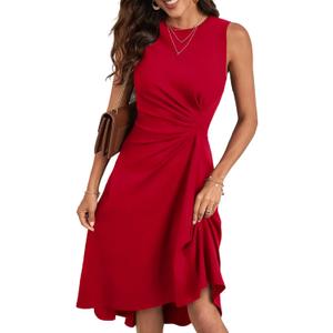 Happy Sailed Women's Summer Dresses Sleeveless Ruched Waist A Line High Low Midi Cocktail Dress(Waist Tight,Please Size Up) (Red)