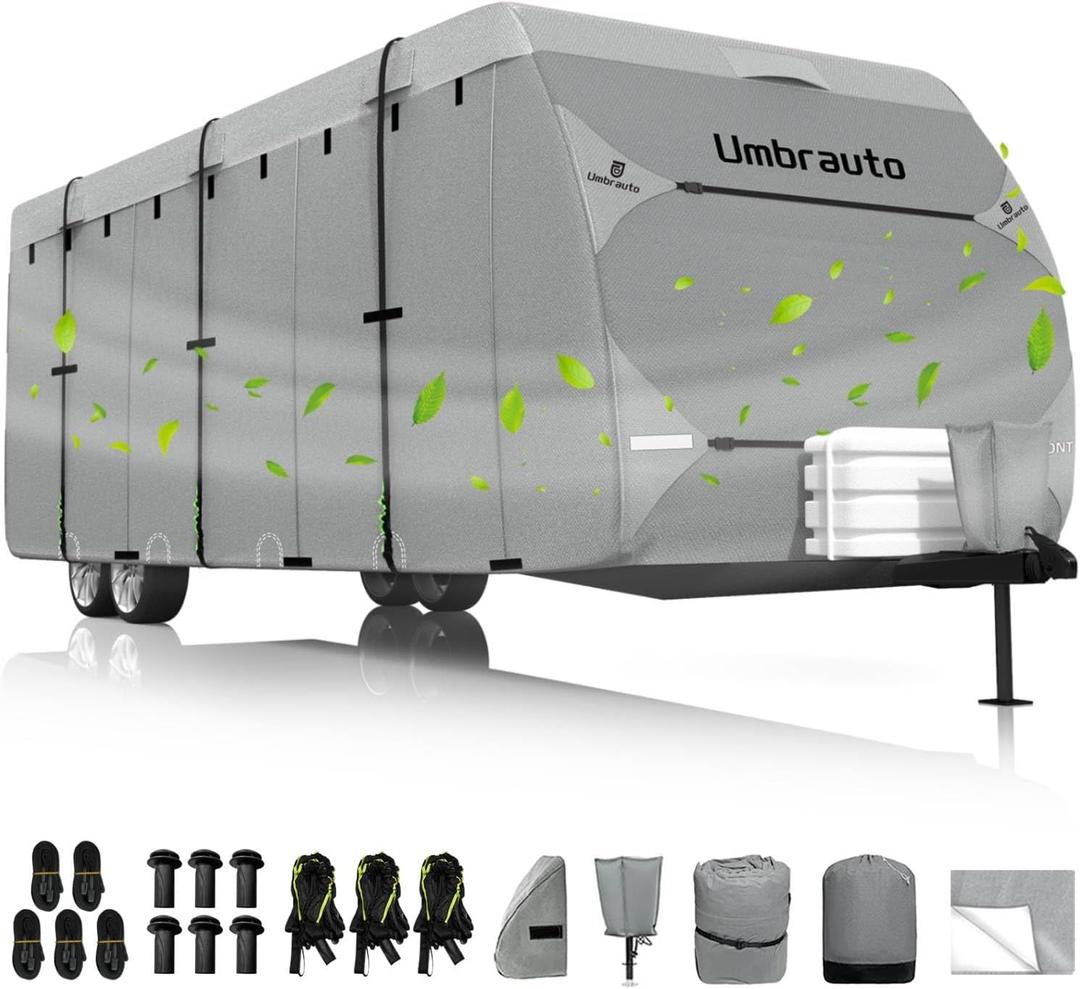 Umbrauto RV Cover Fits 24-27ft Travel Trailer: Lightweight, Waterproof Camper Cover for Toy Hauler, Winter Campsite, with Gutter Covers, Tongne Jack Covers, Windproof Straps