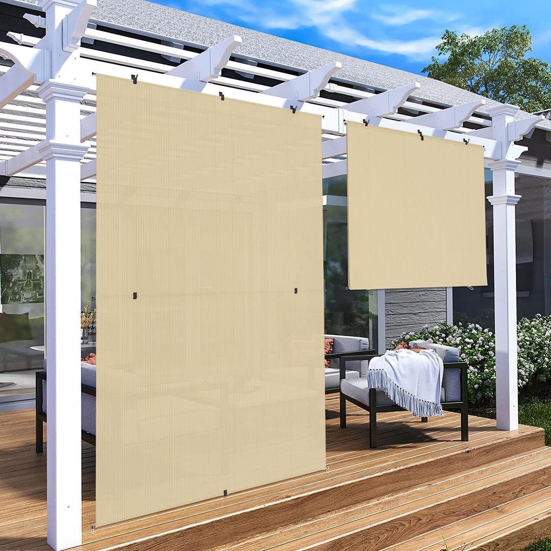 Patio Shades Roll Up Outdoor 4'Wx6'H Foldable Roller Shade Patio Blinds Exterior Block Sun Screen for Outside Porch Deck Balcony Pergola Carport, Beige, 48"W x 72"H