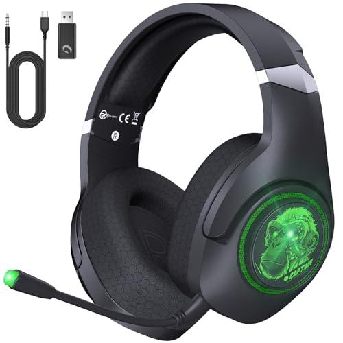 Wireless Gaming Headset, 2.4GHz Gaming Headphones Wireless with Noise Canceling Microphone for PS5/4, PC, Fortnite & Call of Duty/FPS Gamers, 40Hr Battery Gamer Headset for PC, Green Chimpanzees