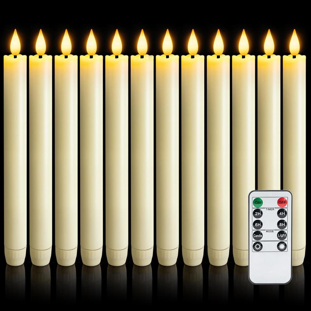 12 Pcs Flameless Taper Candles with Remote Timer Dimmer, 9.6 inches Ivory Plastic LED Candlesticks, Battery Operated Led Warm Light Window Candles, for Wedding Home Christmas Decoration
