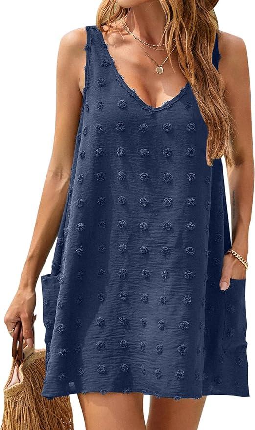 Blooming Jelly Womens Casual Sun Summer Dresses Swiss Polka Dot Beach Cover Up V Neck Tank Dress with Pockets, Size M
