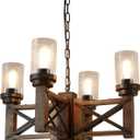 Wood Farmhouse Rustic Chandelier 4 Lights with Glass Shades, 22.8 inches Industrial Dinning Table Pendant Lamp Vintage Edison Hanging Light Fixture, Brown & Black, C0075