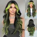 Black Wig Green Highlight Long Wavy Wig with Curtain Bang 26 Inch Ombre Black Green Wig Synthetic Heat Resistant for Women Daily Party