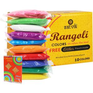 SATVIK - Pack of 10 - Shades Rangoli Color Powder Pouch Set with Glitter | Decorative Stone Powder for Art & Home Dcor | Easy to Store | No Gulal | Festival Floor Art Kit
