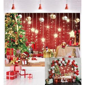 Red Christmas Backdrop Xmas Tree Shining Stars Gold Ball Santa Claus Photo Background Holiday Family Christmas New Year Birthday Party Decoration 7x5FT