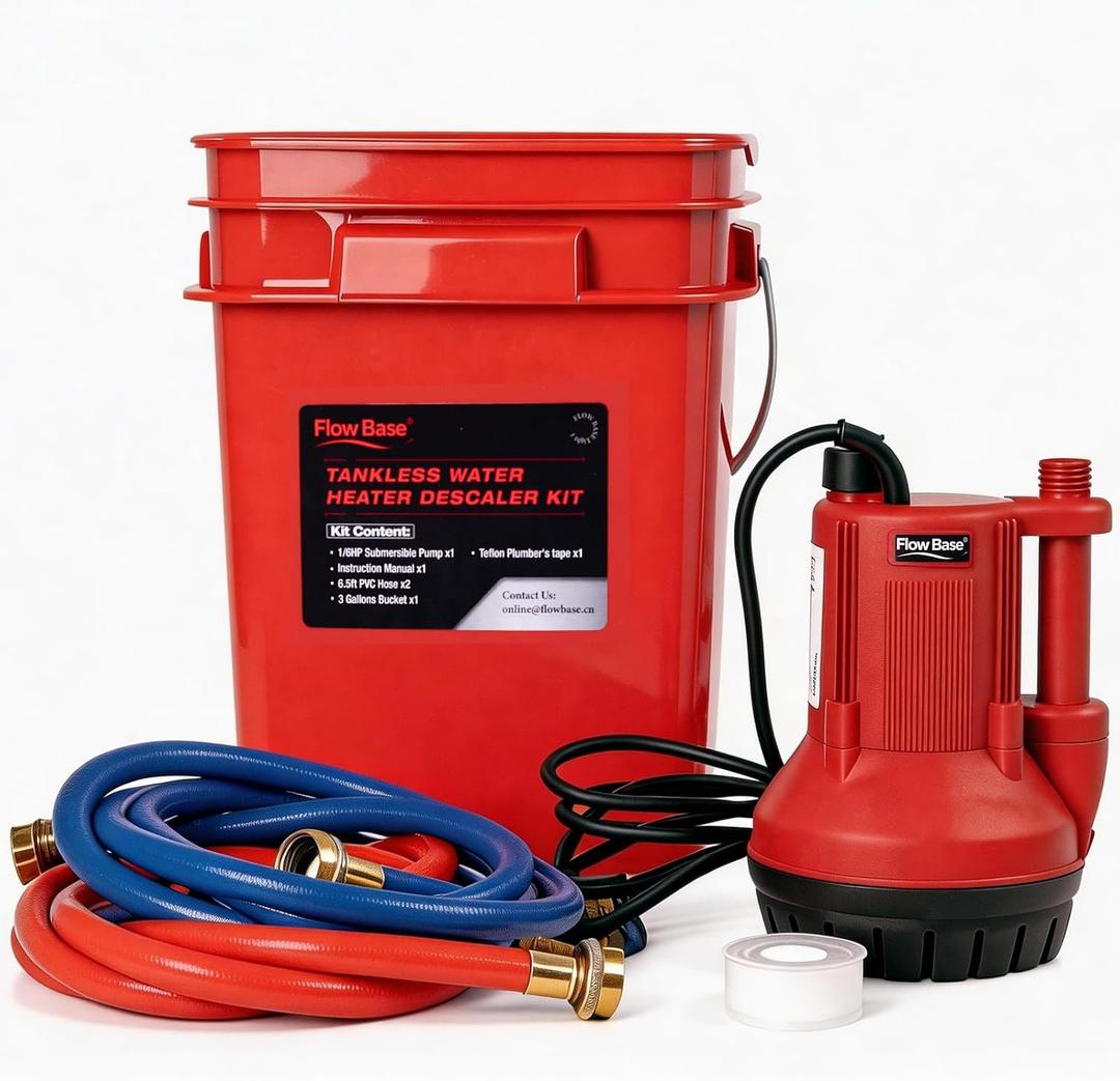 Tankless Water Heater Flushing Kit, 1/6HP Submersible Pump with 1500GPH Max Flow & 23ft Max Head, 3 Gallon Buckets, 2×6.5ft PVC Hoses & Teflon Plumber’s Tape