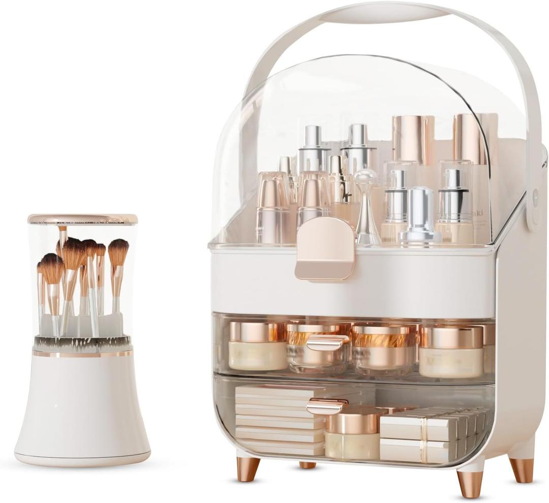 Makeup Organizer Countertop & Makeup Brush Holder with Lid 360 Rotating Clear Dustproof Skincare Holder for Vanity Bathroom Countertop, Ideal Gifts for Women, Transparent, Rose Gold