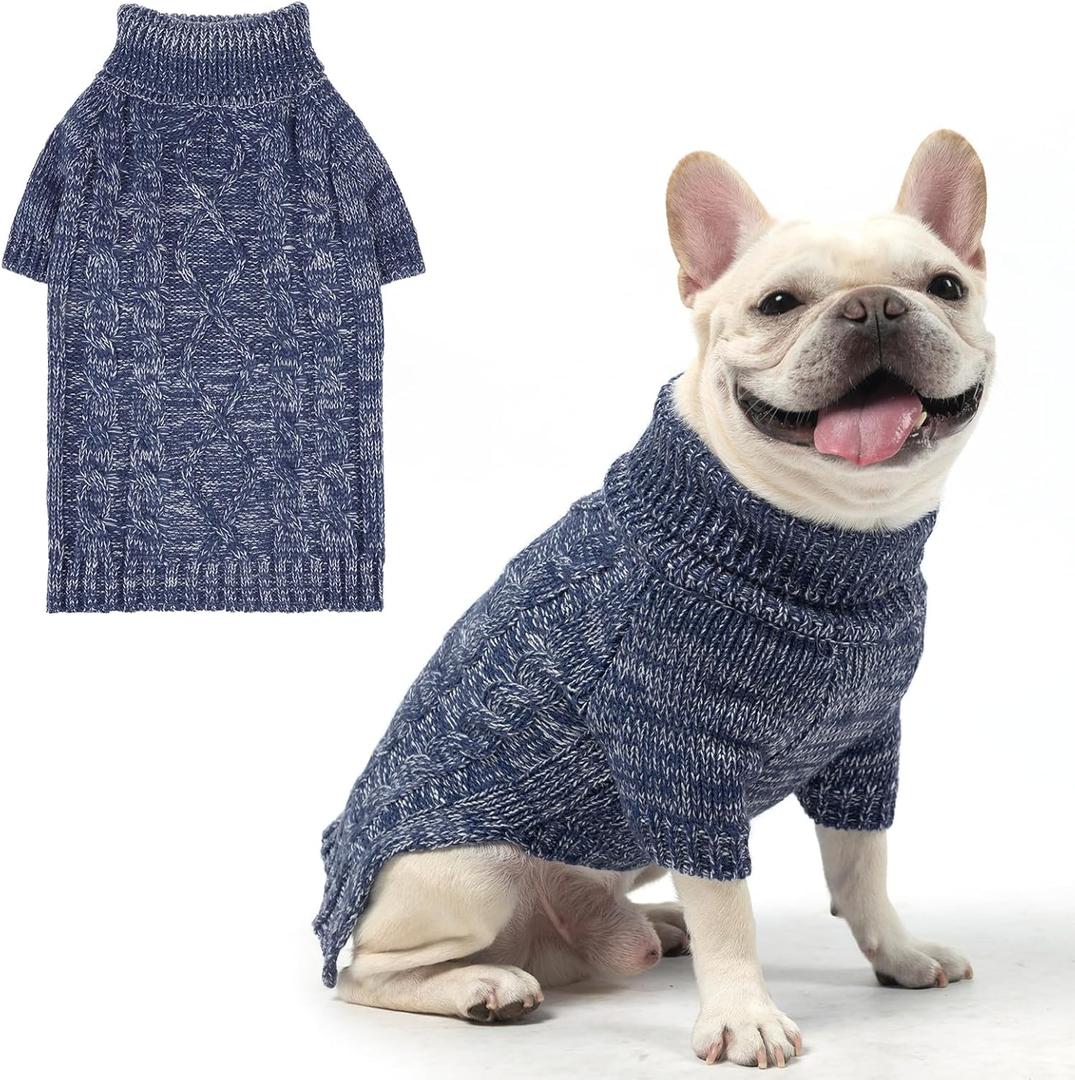 KOOLTAIL Dog Sweater for Large Medium Small Dogs, Fall Dog Sweaters, Turtleneck Cable Knitwear Pet Cold Weather Coats with Leash Hole, Warm Winter Pullover Clothes for Bulldog, Yorkie,Boy Girl, Navy M