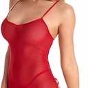 Women Lingerie Sexy Underwear Teddy Deep V Halter Lace Bodysuit Transparent Pajamas, Red, One Size