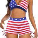 Womens High Waisted Swimsuits with Boy Shorts Brazilian Triangle Top Stripes Halter Bikini Two Piece Bathing Suits(M)