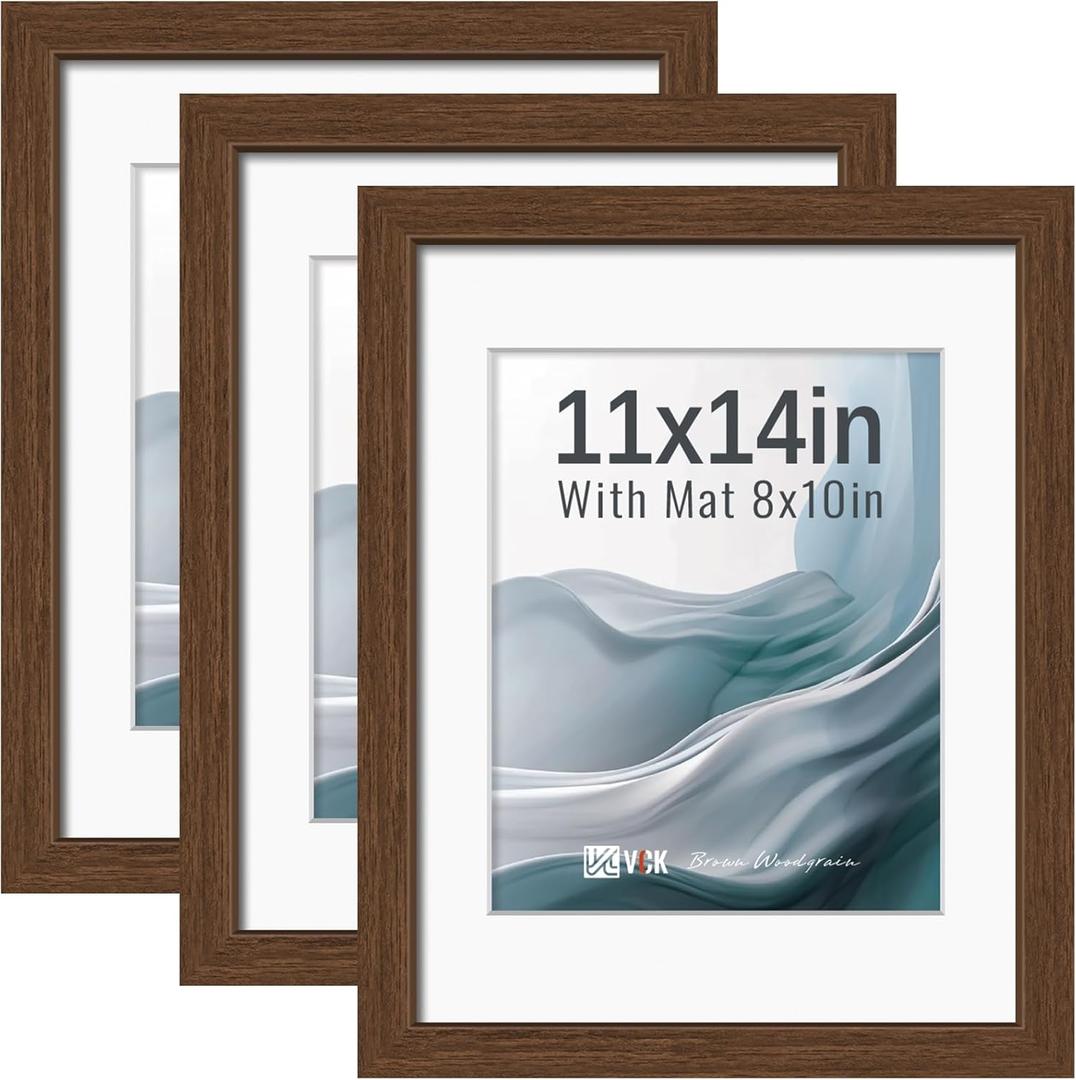 VCK 11x14 Picture Frames Brown 3 Pack, Wide Border Wood, Tempered Glass, Display 8x10 Poster Photo with Mat or 11 x 14 Without, for Home, Office, Gallery, Woodgrain Series, Wall Hanging