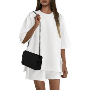 PRETTYGARDEN Women's 2 Piece Lounge Sets 2025 Summer Short Sleeve Tunic Tops Drawstring Shorts Matching Outfits Tracksuits (White,Small)