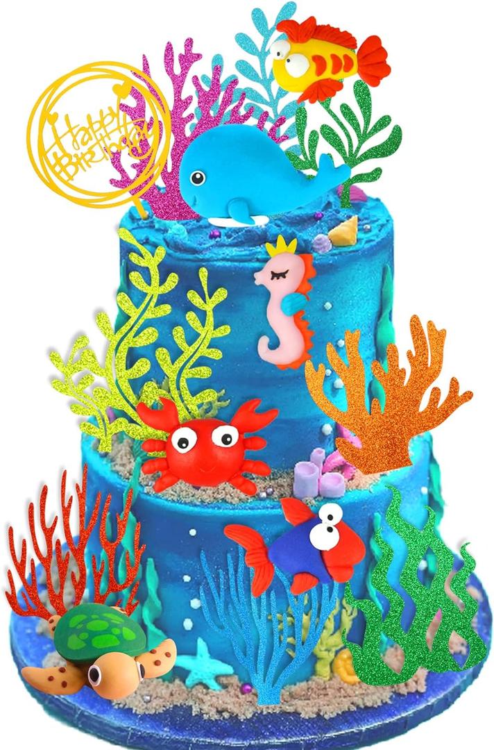 15 PCS Sea Ocean Theme Birthday Cake Decoration Toppers Fishing Cake Ocean Animals Sea Cake Decorations for Under the Sea Theme Baby Shower Birthday Party Supplies