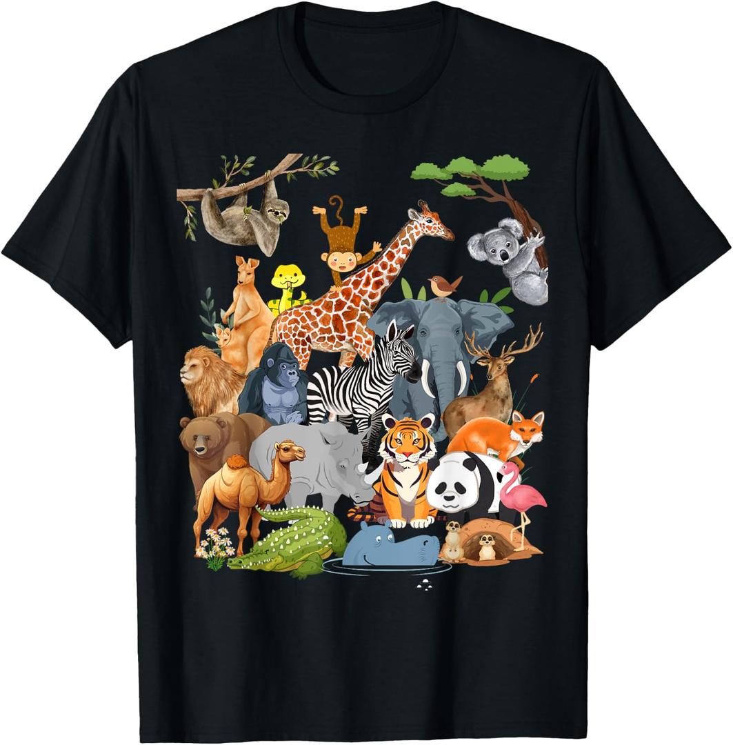 Men Women and Kids Wildlife Zoo Day Party Cute 22 Animals T-Shirt (Black, L)