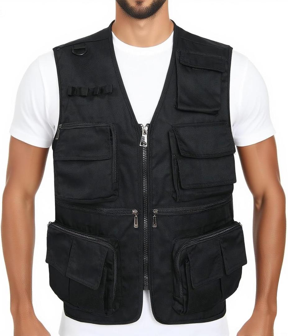 LISUHEPEAL Men’s Fishing Vest Summer Outdoor Work Safari Travel Photo Vest with Multi Pockets (818-Black, M)