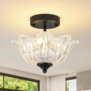 Semi Flush Mount Ceiling Light, Black Light fixtures with Floral Clear Glass Shade, Modern Close-to-Ceiling Lighting for Bedroom Kitchen Living Room Hallway