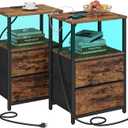 TUTOTAK LED End Table with Charging Station, Nightstand with Cloth Drawer, Side Table with 1 USB Port and 1 Type-C Port, Set of 2, Couch Table, Brown TB01BB052L