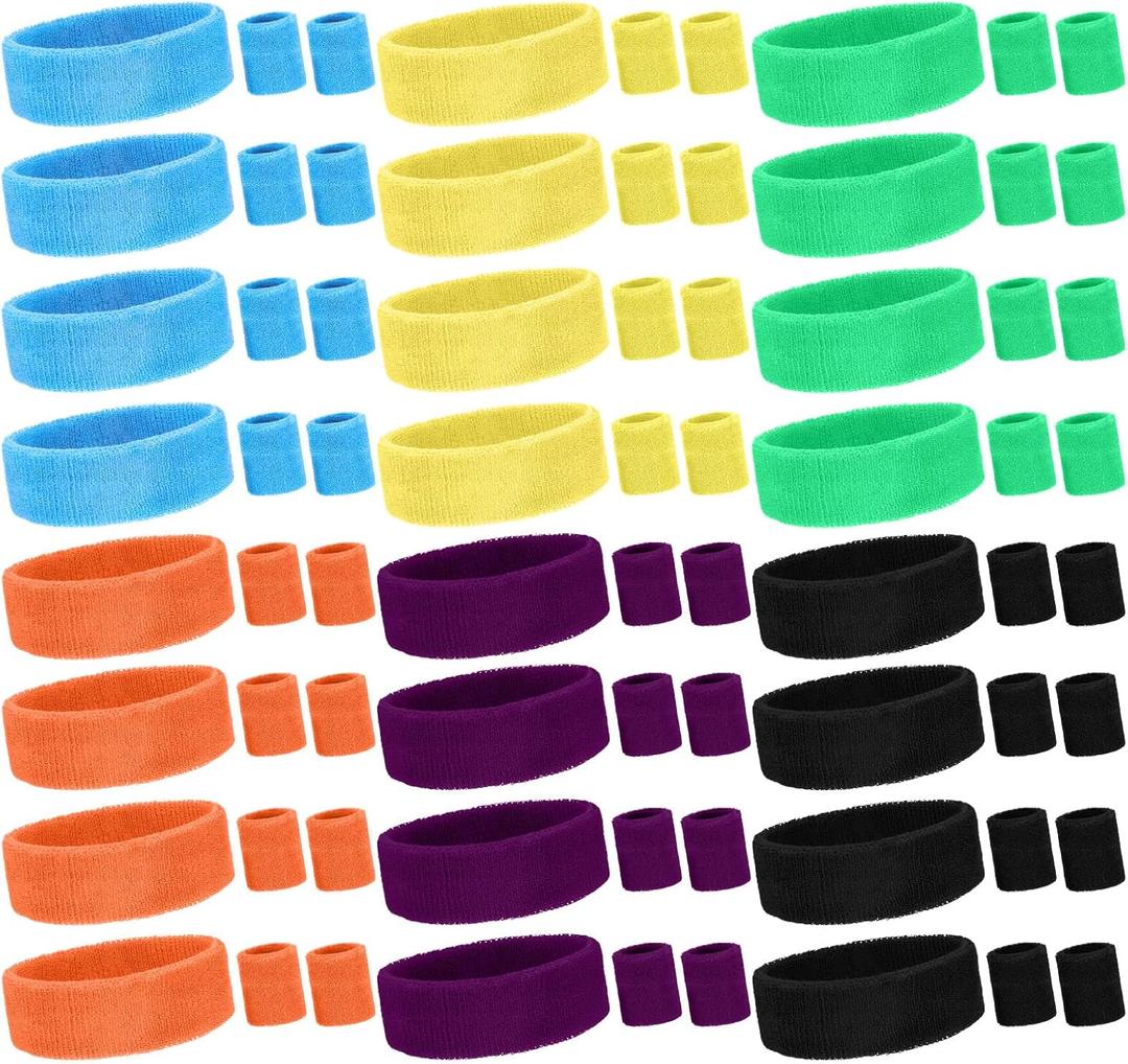 72Pcs Neon Headbands Sweatbands Bulk, Include 24 Sports Headband and 48 Sweat Wristband Set for Men Women Tennis Basketball Outdoor Athletic Sports Games Competitions Gym