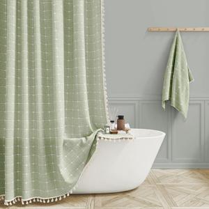 BTTN Stall Shower Curtain - 60 x 72 Inch Narrow Boho Farmhouse Linen Vintage Fabric Shower Curtain Set with 10 Hooks, Bohemian Country Decorative Heavy Duty Shower Curtains for Bathroom - Sage Green