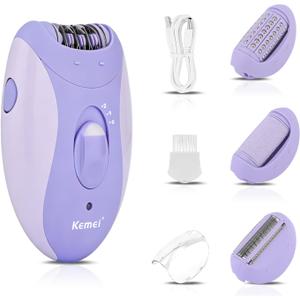 KEMEI 4-in-1 Womens Hair Epilator, Suitable for Body Hair on the Face, Legs, Arms, Underarms and Bikini Line, 2-Speed Adjustment, Built-in Lighting, USB Charging
