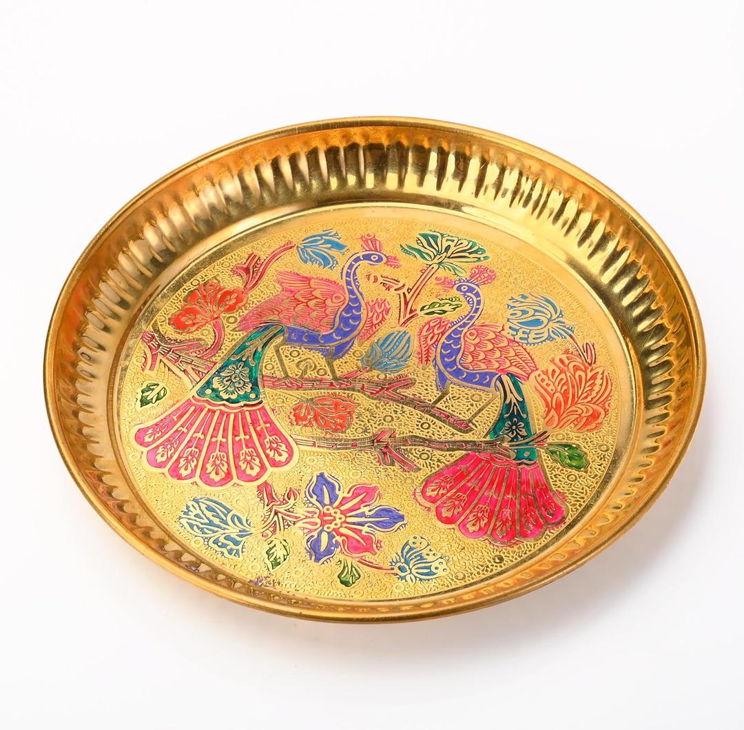 Brass Plate Hand Crafted Embossed Colorful Peacock Design for Pooja Temple Mandir Bhog and Gifting Size - 7" (Brass Peacock Plate)