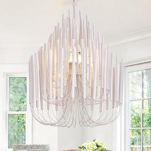 TOCHIC Modern Farmhouse Chandelier for Dining Room 21", Small Vintage White Wood Chandeliers Light for Living Room, Rustic Pendant Lighting Fixture Ceiling Hanging for Foyer Bedroom Entryway