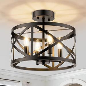 Matane Semi Flush Mount Ceiling Light, 4-Light 12inch Farmhouse Modern Light Fixture with X-Shape Cage, Industrial Rustic Ceiling Lamp for Kitchen, Dining Room, Bedroom, Hallway, Laundry Room, Black
