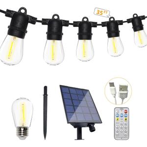 35FT Solar String Lights, 2200K S14 LED Globe Outdoor Lights for Patio with 16 Edison Vintage Shatterproof Bulbs, Connectable Backyard Lights for Bistro, Porch, Cafe